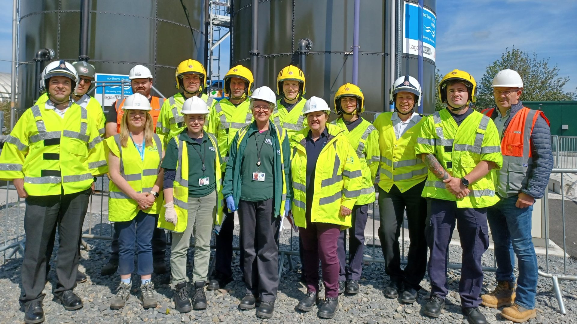 Pictured at NI Water’s Hydrogen & Oxygen Demonstrator Project at Belfast Wastewater Treatment Works are Lilian Parkes, Project Manager, NI Water (front row / right) and Angela Knott, Process Advice, NI Water (front row/ left) with representatives from Lagan MEICA JV, Northern Ireland Environment Agency (NIEA)) and Northern Ireland Fire & Rescue Service (NIFRS).