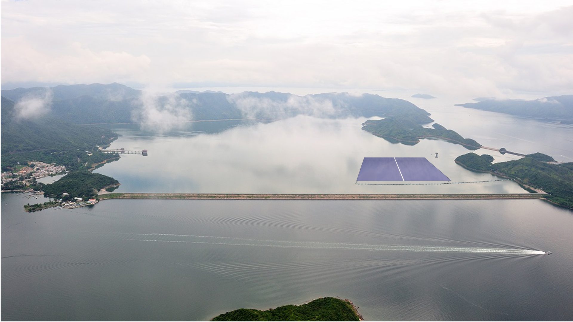 An image showing what the floating solar farm at Plover Cove Reservoir in Hong Kong will look like on completion