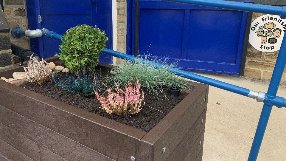One of the SUDS planters installed around the school to absorb rainfall from gutters.