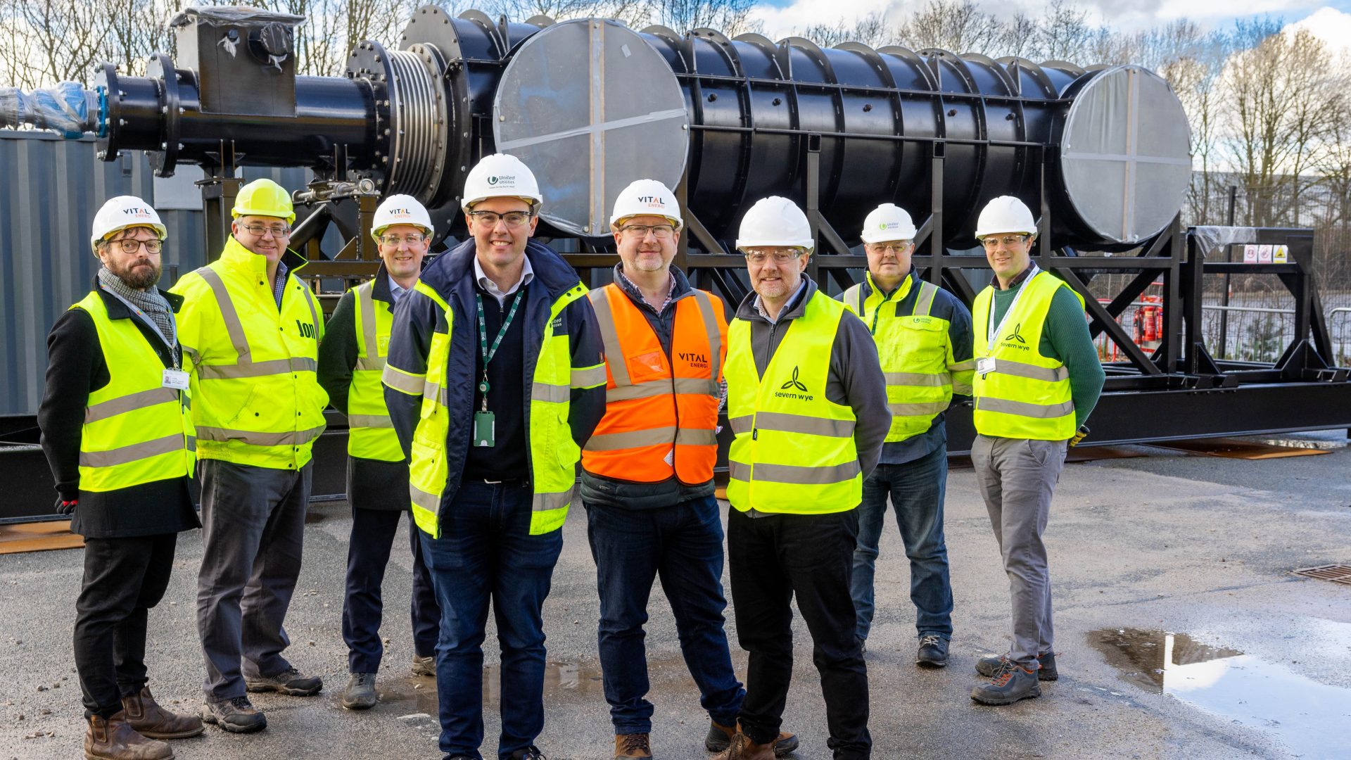 (Left to right): Paul Riley (NW Net Zero Hub), Jonathan Walker (Pyrocore), Warren Spiers (Vital Energi), Tom Lissett (United Utilities) Paul Gilligan (Pure Leapfrog), Sandy Ruthven (Severn Wye), Mike Worrall (United Utilities), Alex Wilcox Brooke (Severn Wye),