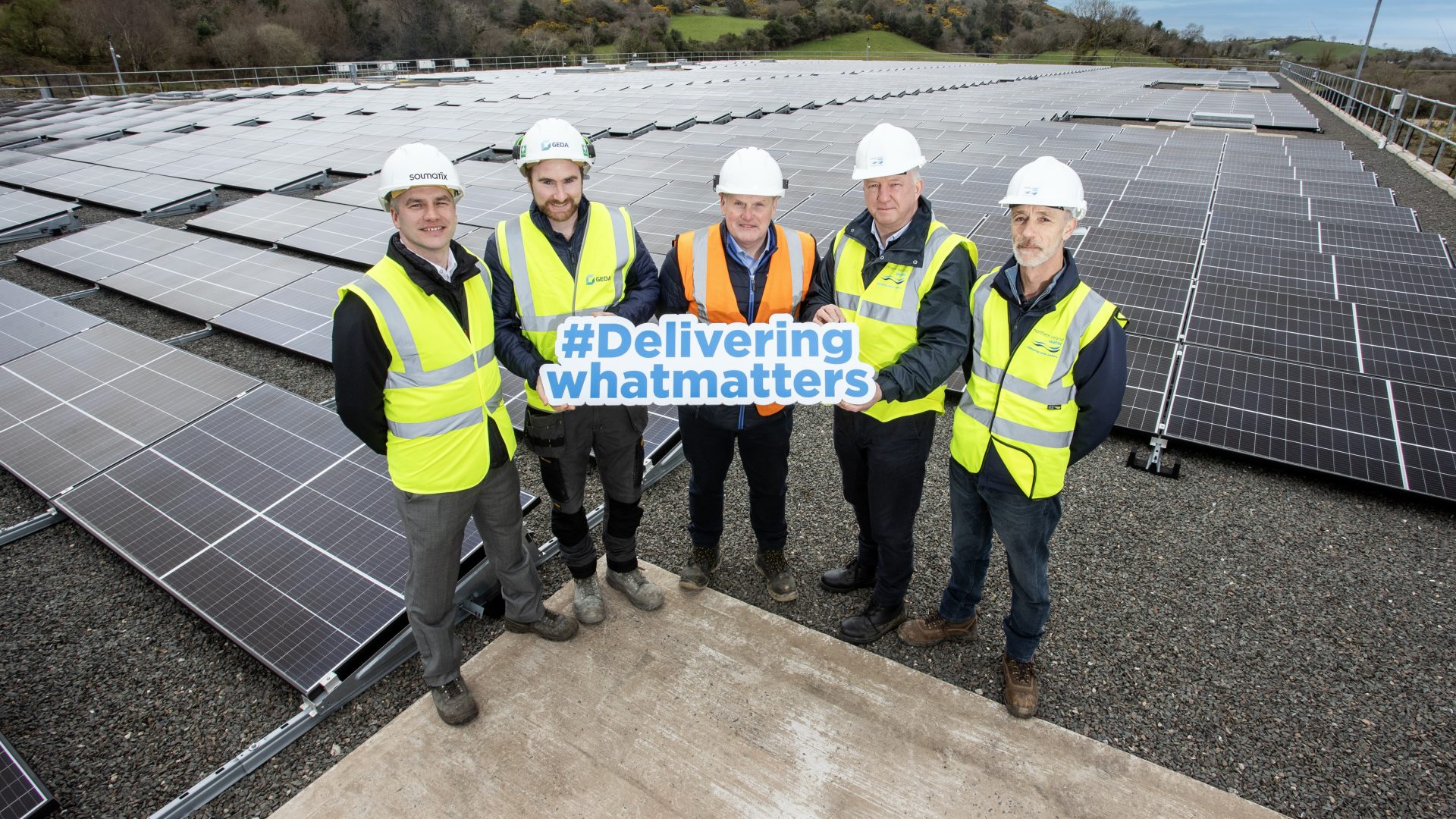 (L-R) Richard Barlett, Solmatix, Patrick Cassidy, GEDA and Jack McCaw, Scotts Electrical Services Ltd with NI Water’s Patrick Grimes and Stephen McCleery.