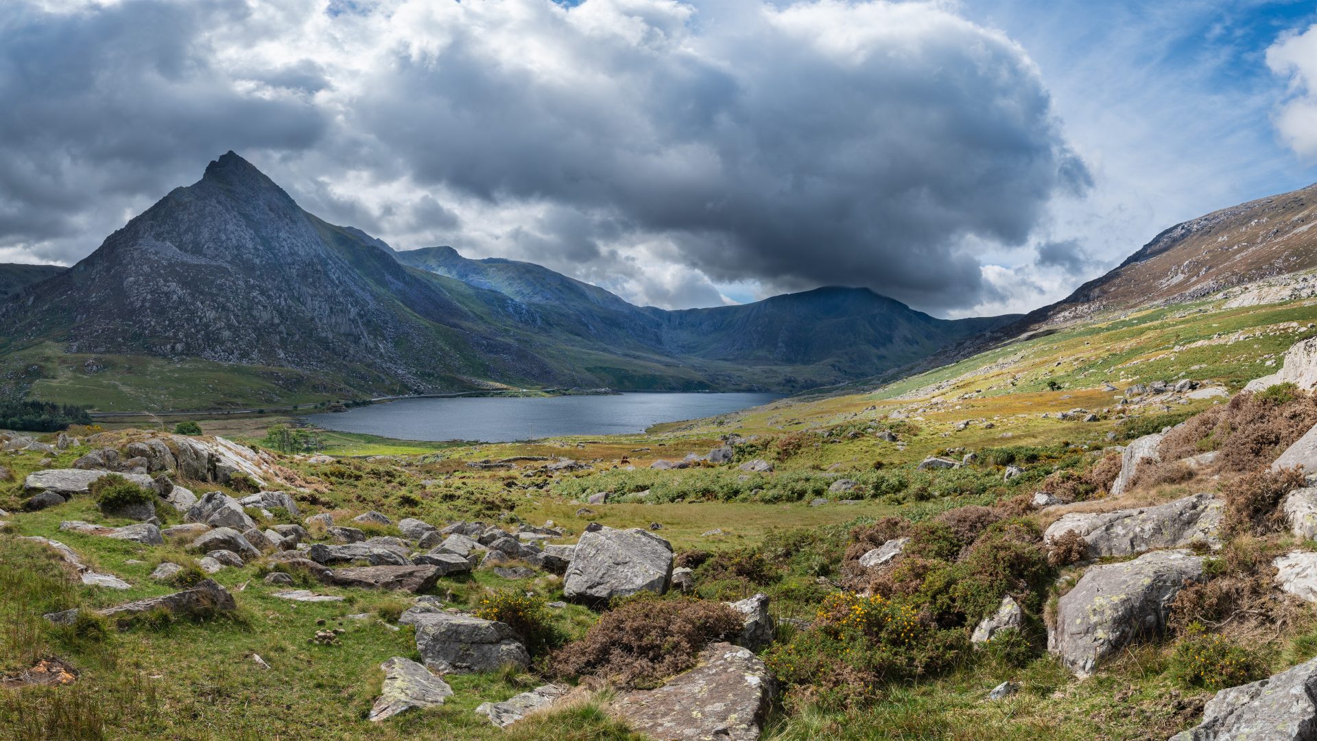 Countryside around Llyn Ogwen in Snowdonia during early Autumn with Tryfan in background