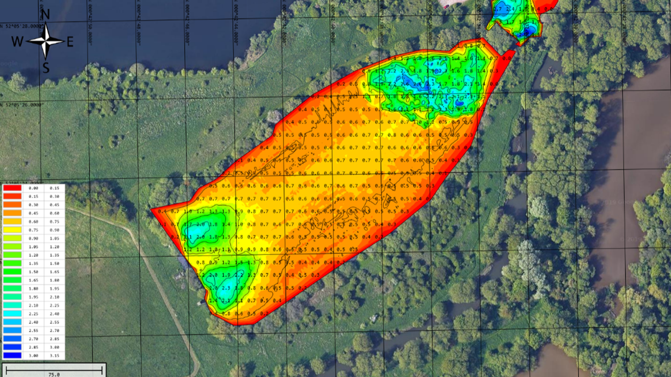 The illustration shows the result of a sonar survey on a large lagoon. The scale bottom left shows the depth of clean water above the sludge and this data is used to produce the 2D image of the silt surface.