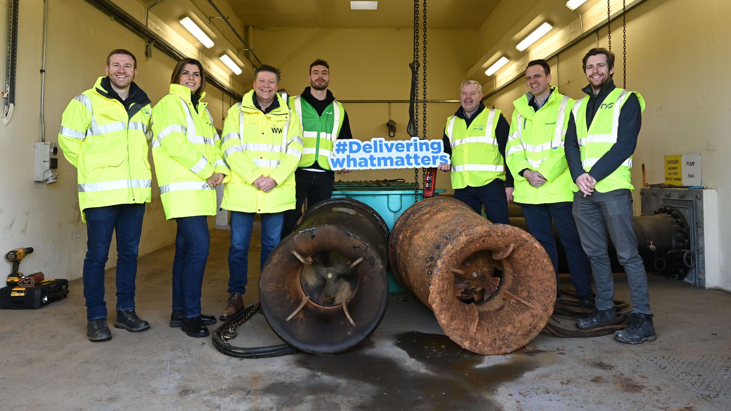 Portaferry Road team with old & new pumps:(L-R) Matthew Lundy, Tzvetelina Bogoina, Mark Mitchell (all NI Water), Charles Purce GRAHAM, Peter Ferguson NI Water, David Slevin (GRAHAM) and Aaron Magerr (RPS). (c) Michael Cooper 