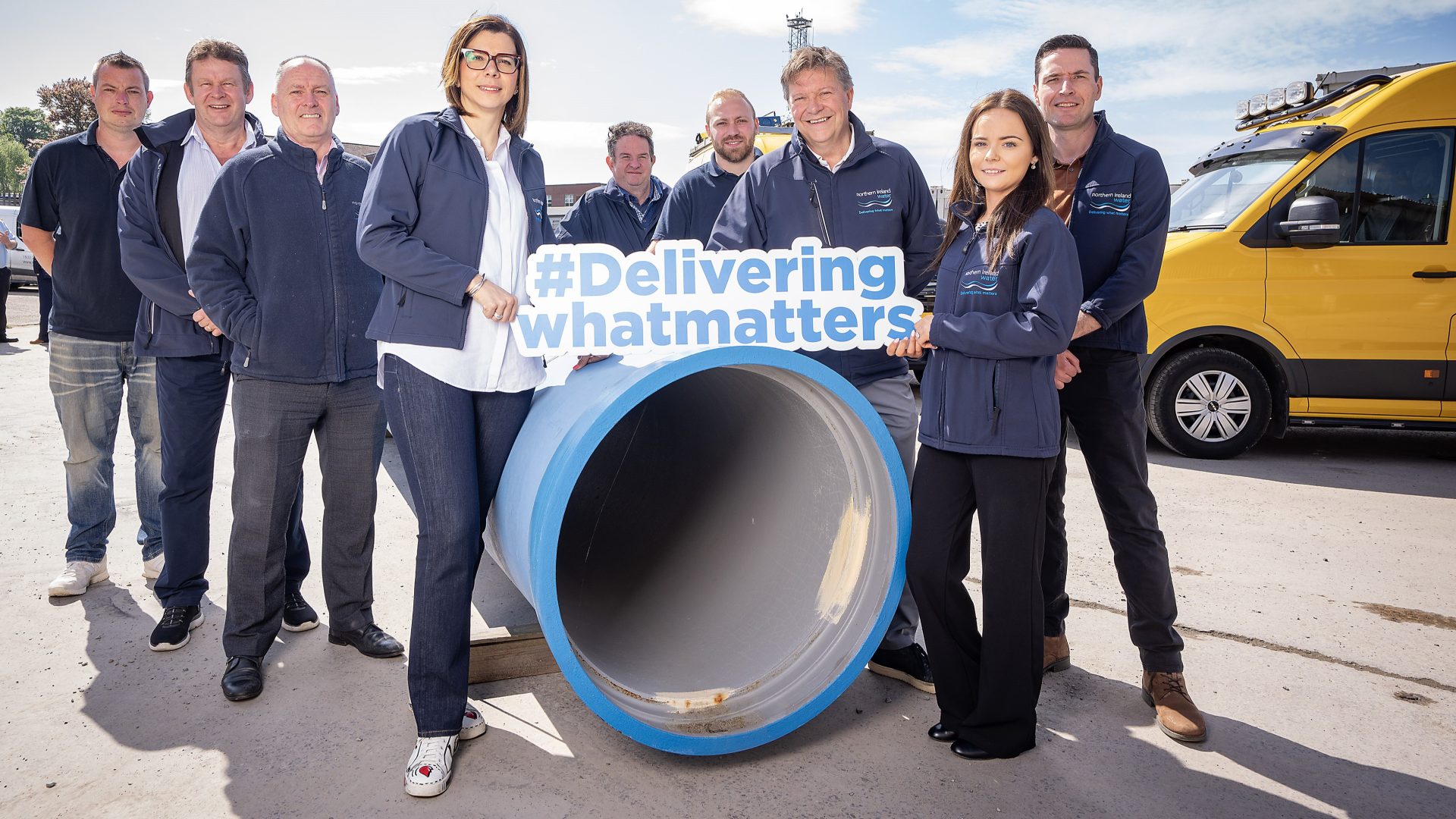 NI Water colleagues mark the half-way milestone on the Trunk Mains programme: (L-R) Gareth Long, Gary McFadden, Martin Gillen, Tzvetelina Bogoina, Martin Caughey, Jasin Crozier, Mark Mitchell, Anna Delargy and Ciaran Diamond.