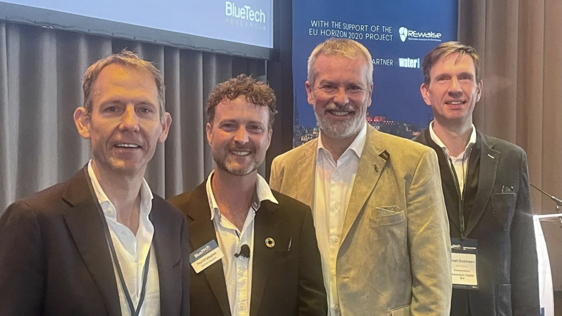 Left to right, Nic Pannekeet (partner at PureTerra Ventures); Paul O’Callaghan (founder and CEO, BlueTech Forum); Roger Berry (CEO, Sudoc), Joost Oostveen, (communications, Momentum Capital).