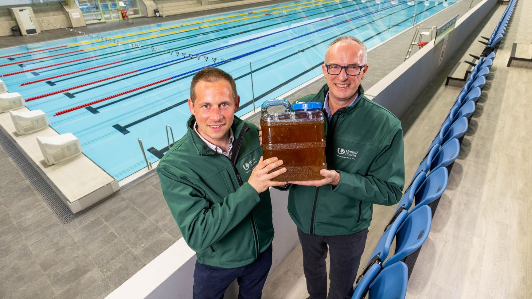 Andy Peet Wastewater Network Protection Manager, United Utilities and Marc Downes, Client Liaison Manager, ECAS at the Olympic-sized pool, Manchester Aquatic Centre with large quantity of FOGs (fats oils and greases).