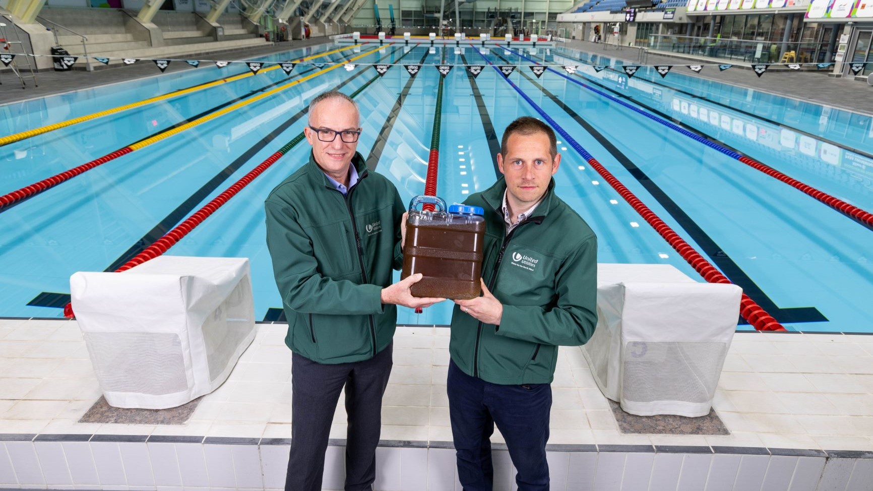 Andy Peet Wastewater Network Protection Manager, United Utilities and Marc Downes, Client Liaison Manager, ECAS at the Olympic-sized pool, Manchester Aquatic Centre with large quantity of FOGs (fats oils and greases).