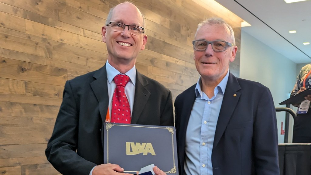 Professor Jan Hofman (left) has received the Fellowship of the International Water Association. Pictured here with IWA President Tom Mollenkopf AO