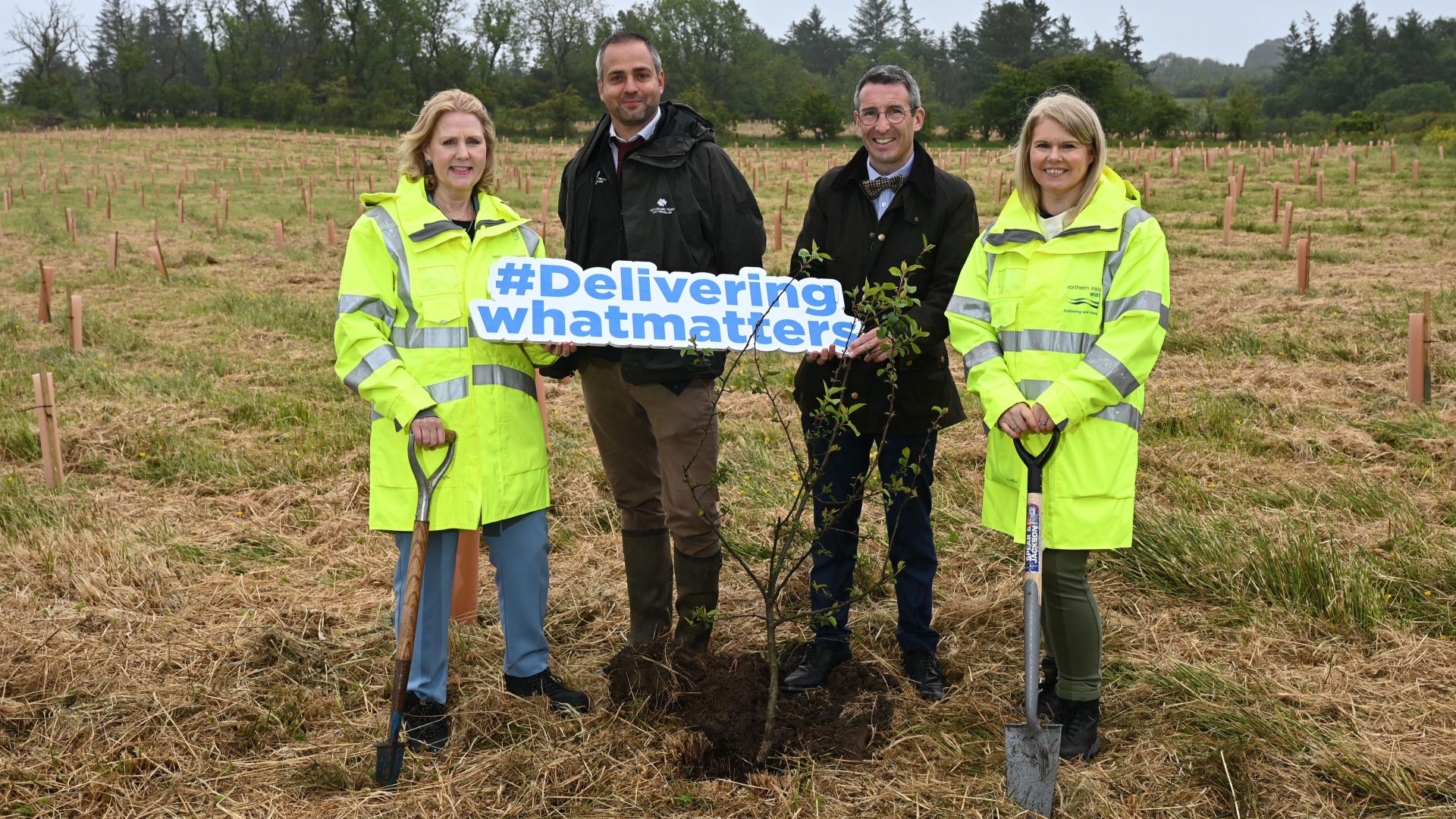 Jo Aston, Chair at NI Water; Matt Huddlestone, Senior Outreach Manager for the Woodland Trust Northern Ireland; DAERA Minister, Andrew Muir and Dr Sara Venning, CEO NI Water.