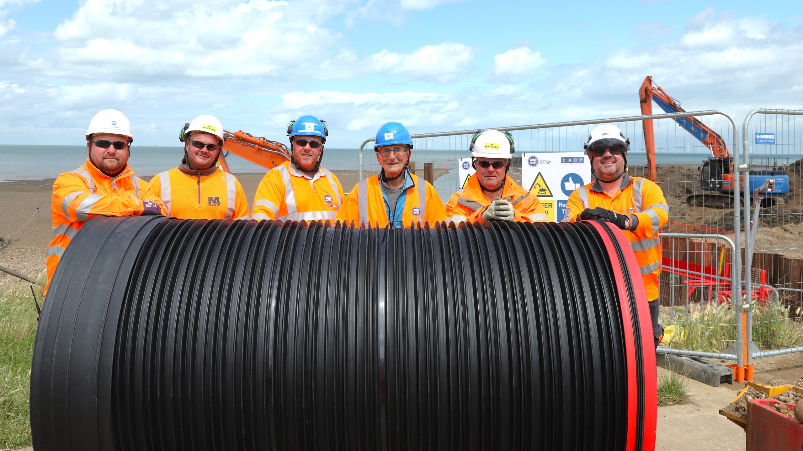 Left to right – Southern Water contractors - Lee Barrass, CMDP, Cliffe Coates, Mackleys, Dan Erangey CMDP, Ray Chapman, Carl Coates, Mackleys and Dave Barnfield, Van Oord. 