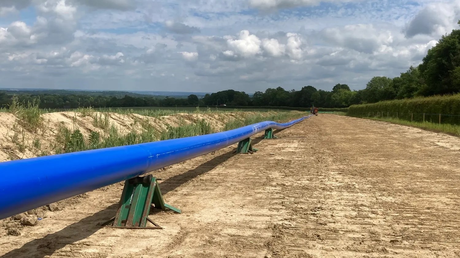 Welded pipeline ready to be laid within private land