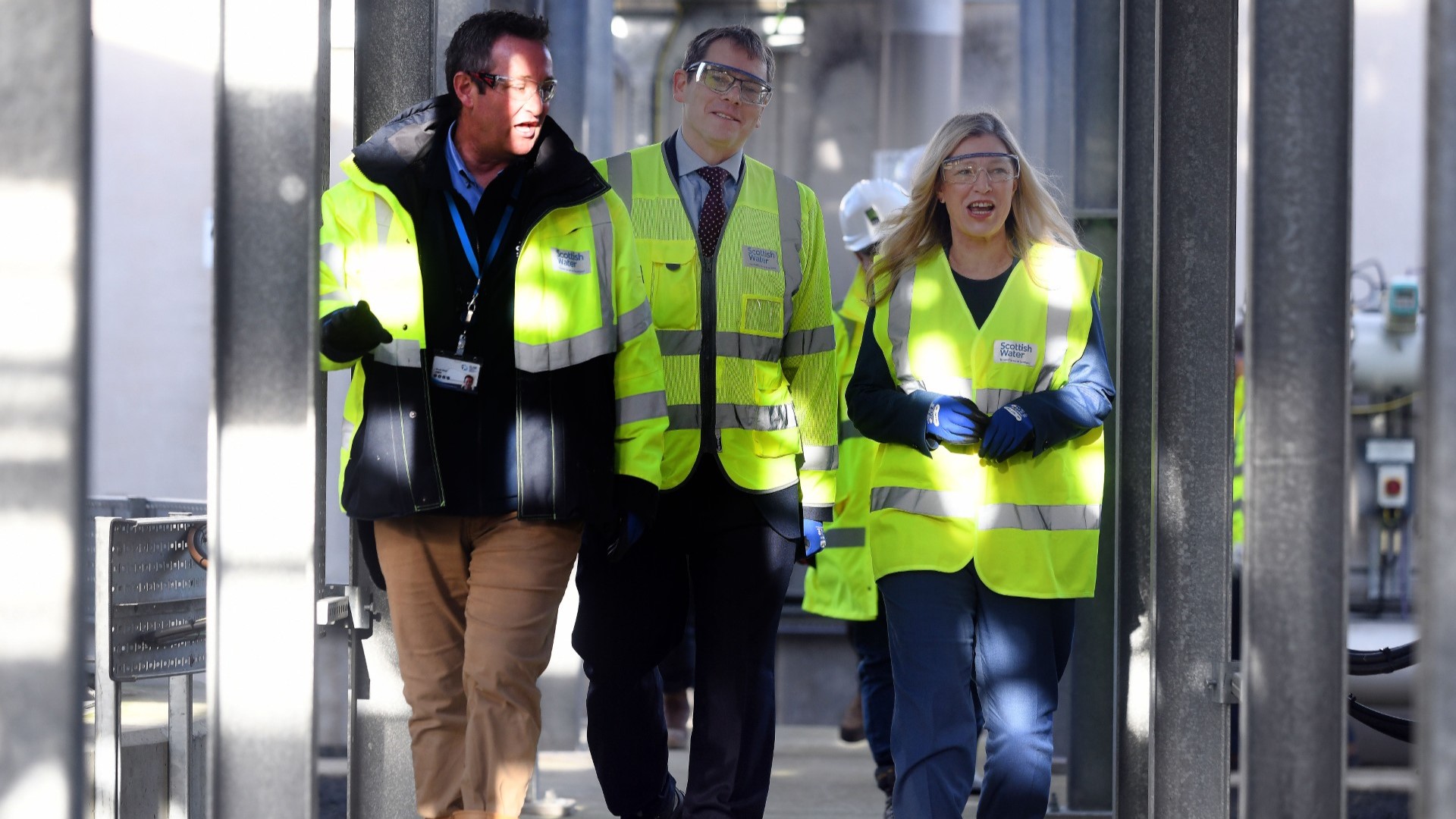 Waste Water Operations Manager Steven Boon, Scottish Water Chief Executive Alex Plant and Acting Cabinet Secretary for Net Zero and Energy Gillian Martin tour Winchburgh Waste Water Treatment Works