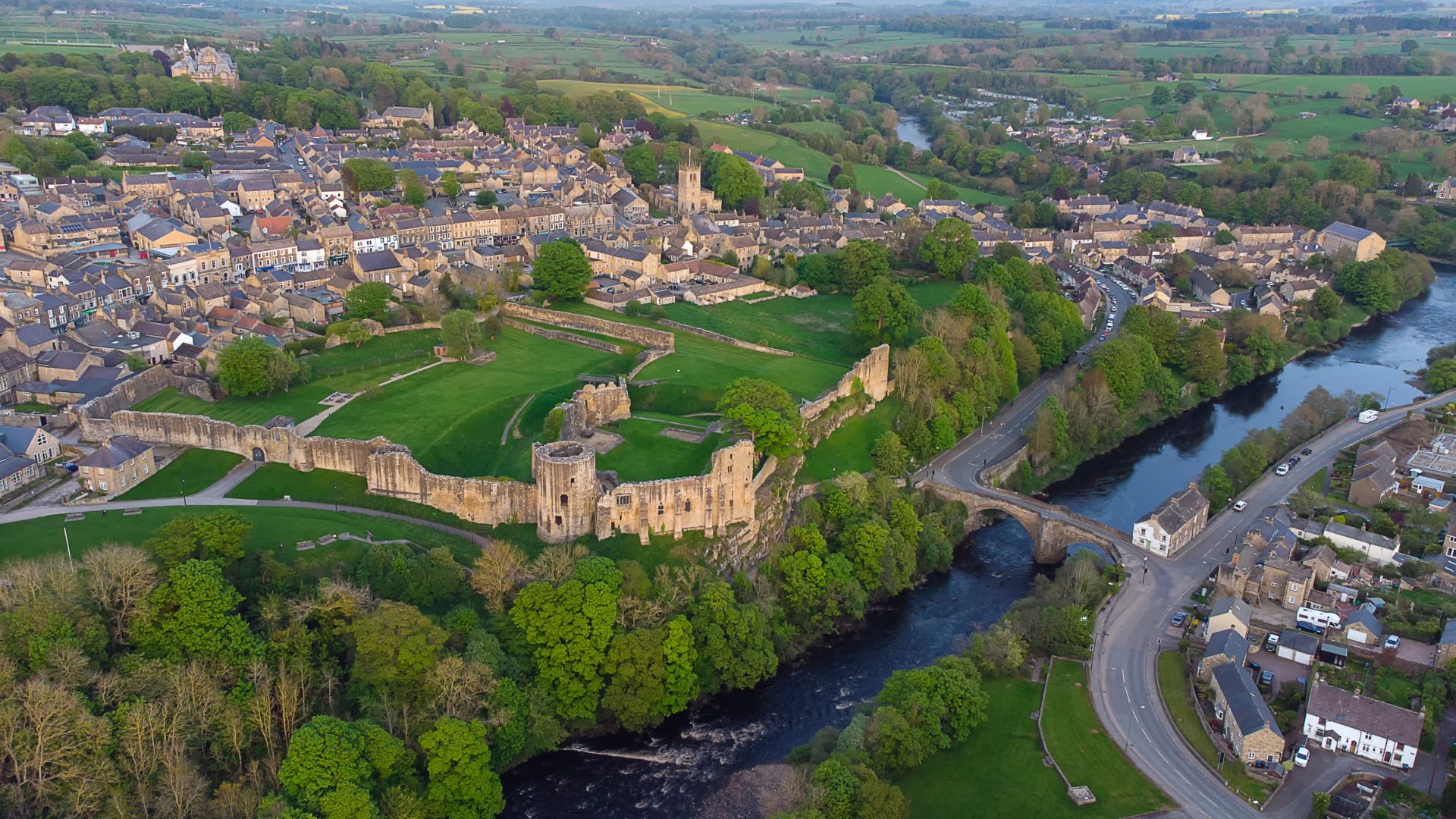 An aerial view of the fortress in Barnard Castle, County Durham, UK