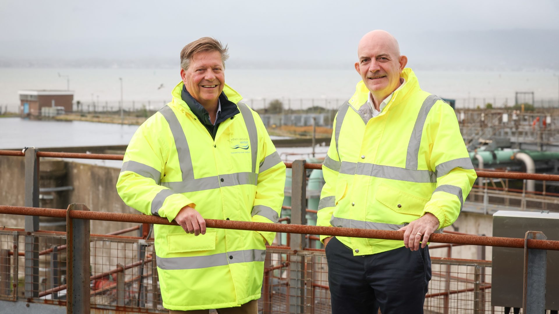 Mark Mitchell, Head of Integrated Capital Delivery at NI Water, left, with Michael Cahill, CAW Managing Director, at Kinnegar Wastewater Treatment Works (WwTW) in Holywood, County Down.