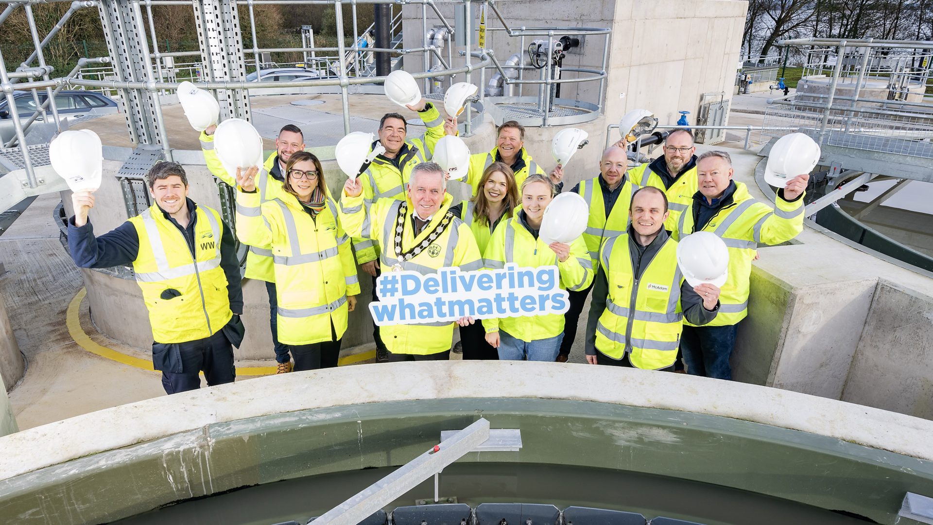 Front Row (L-R) Kevin Kerr, Tzvetelina Bogoina (both NI Water) Chair of Mid Ulster District Council, Councillor Eugene McConnell, Alice Whittington RPS, Aimee Gault NI Water, and Michael McCartney McAdam Design. Back Row (L-R) Andrew Milligan, Sean Milligan, Mark Mitchell (all NI Water) Seamus Donaghy Geda Construction, Patrick Cunningham Water Solutions Ireland and NI Water’s Kieran Grant.