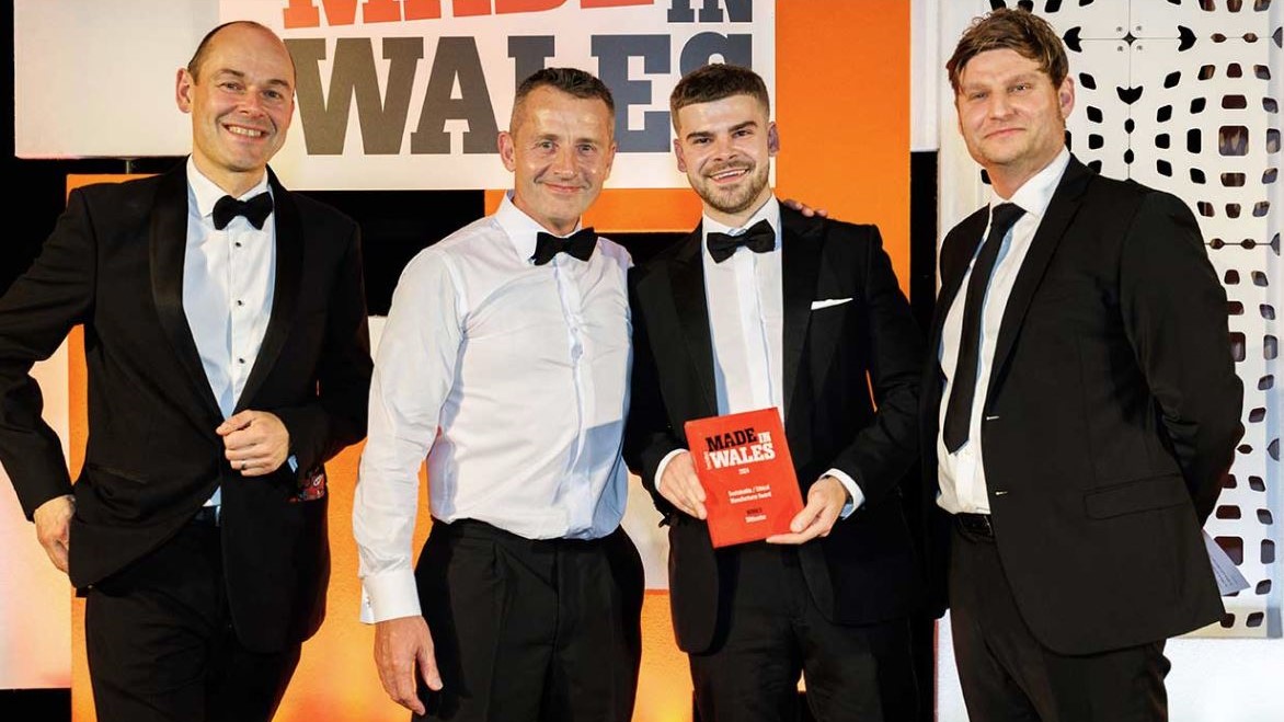 Pictured (L-R): Douglas Friedli, editor, Wales Business Insider; Adam Gunter, Facilities Engineer, Siltbuster; Joe Buckland, Apprentice, Siltbuster; Scott Bennett, comedian and Made in Wales Awards compere.