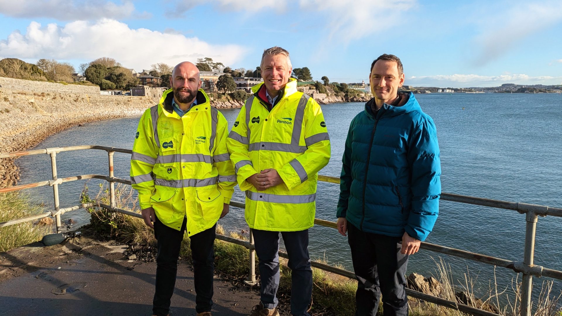 (L-R) Dave Swiggs, South West Water's Director of Wastewater Operations, MP Luke Pollard, and Tom Lowry, Development Manager at Urban Splash.